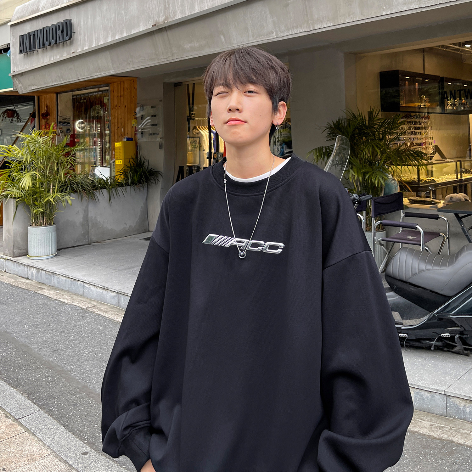 23秋装新品美式液态金属亮字母印花卫衣宽松外套上衣男H862P48,男装卫衣,电商A341