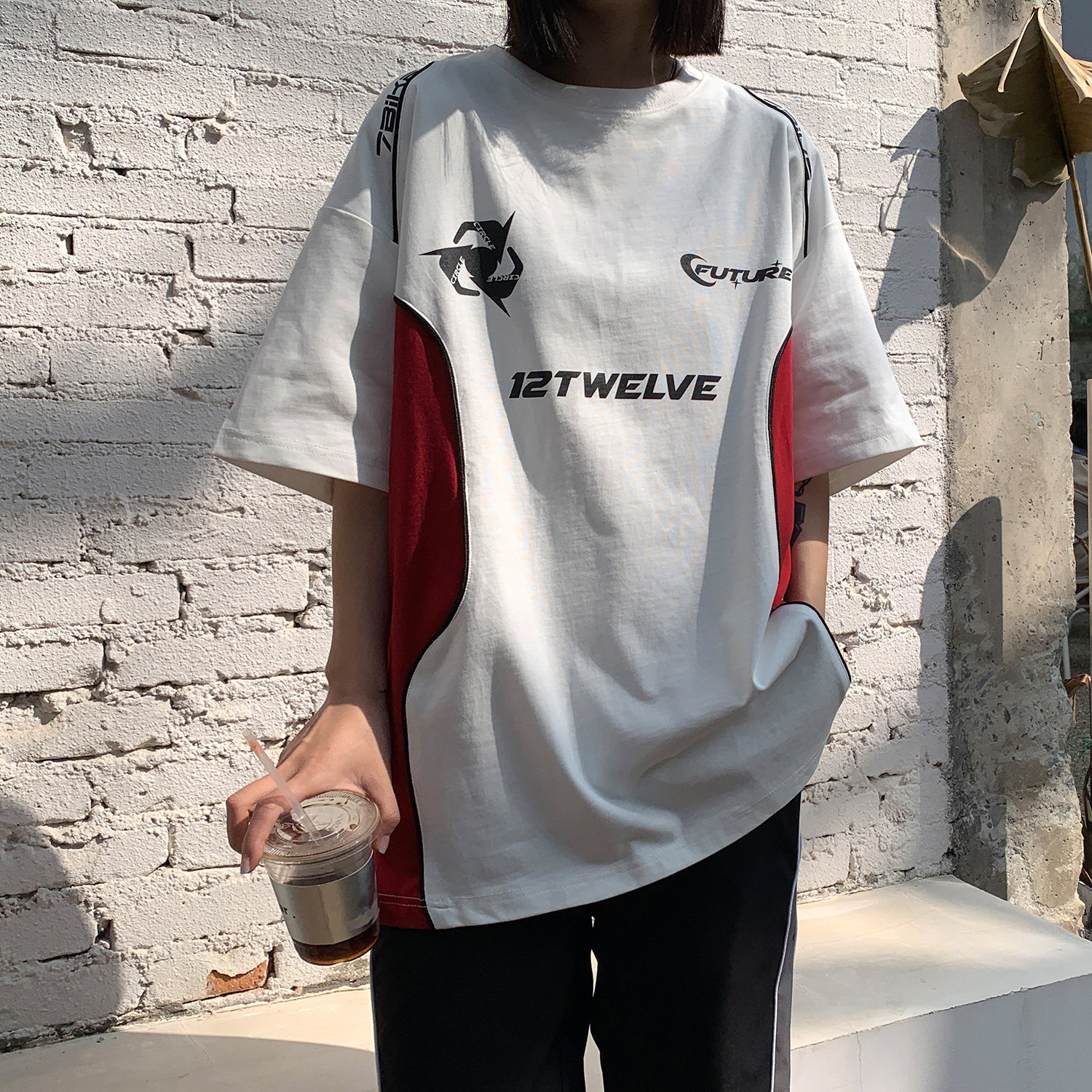 260重磅美式高街宽松机车服撞色情侣短袖T恤印花半袖女H854P48,女装T恤,电商A341