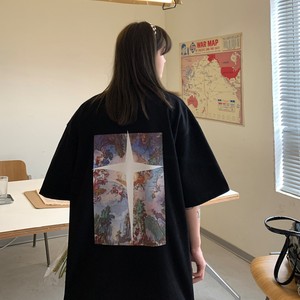 港风新品 油画印花十字架情侣短袖T恤潮牌宽松 H739 P30女类图片