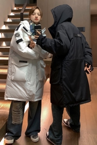 中性风冬装 美式工装中长款棉服情侣连帽棉衣宽松外套男H915 P168图片