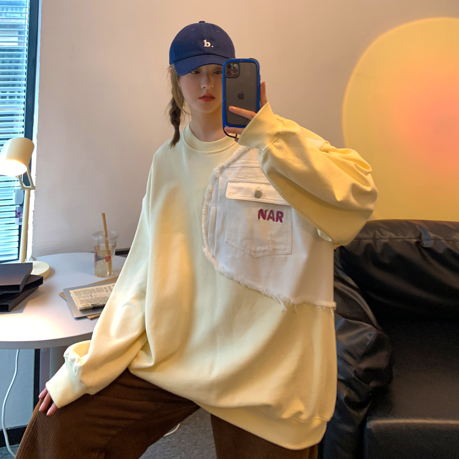 2021中性风秋装牛仔拼接情侣卫衣绣花外套H663P58控78女类，女装卫衣/绒衫，电商A341