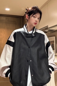 中性风秋装 美式复古撞色机车皮衣棒球服夹克外套男女H887 P108图片