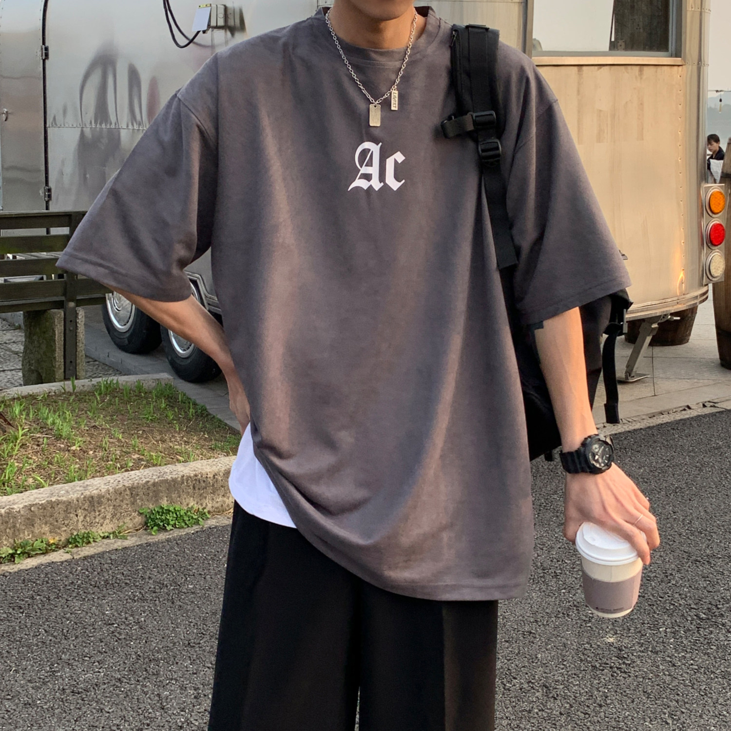 2022情侣装夏装鹿皮绒印花情侣短袖t恤宽松上衣H731P35男类,男装T恤,电商A341