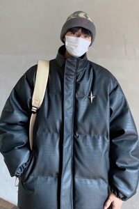 港风冬装 美式立领情侣宽松棉服加厚pu皮棉衣外套男H912 P128图片