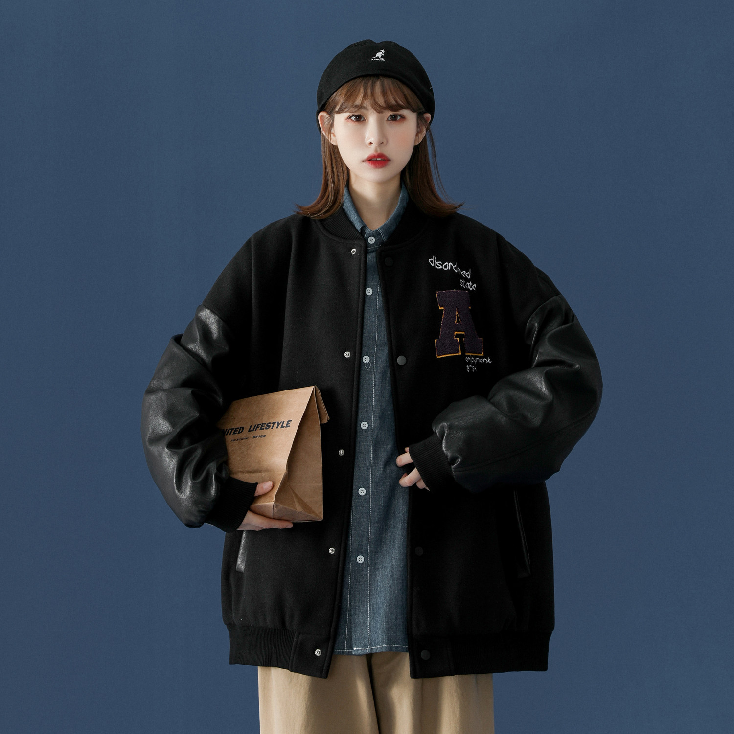 中性风新款PU皮拼接呢料棒球服情侣外套H572P118,女装棉衣/棉服,电商A341