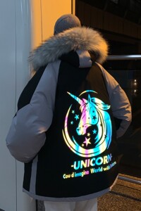 情侣装冬装 拼色反光独角兽大毛领连帽情侣棉衣 H596 P148 男类图片