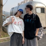 情侣装夏装印花情侣短袖T恤大码宽松上衣班服H733P30女类，男装T恤，电商A341