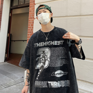 高克重280克 美式高街水洗做旧印花短袖T恤潮宽松男 H817 P38男图片