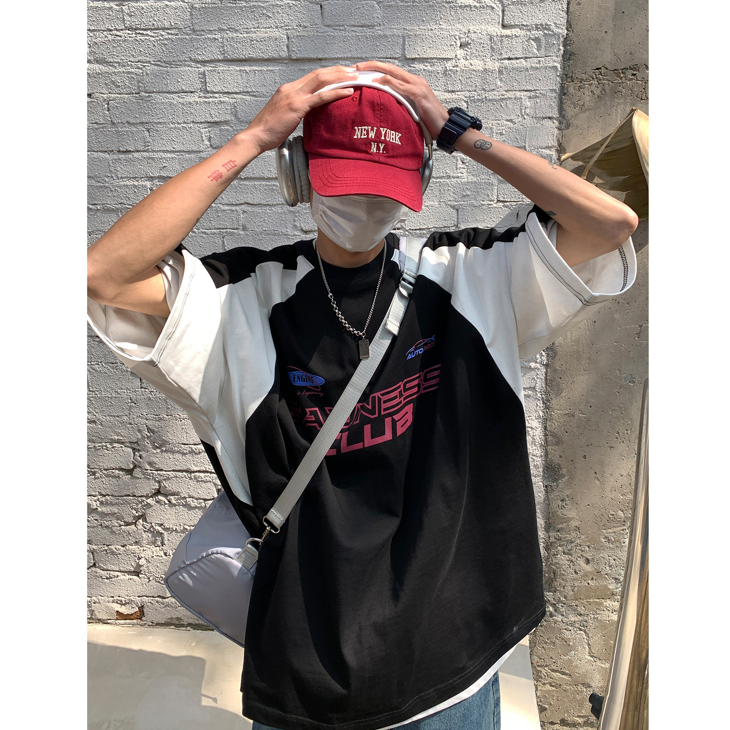 2023潮街头插肩袖撞色赛车服情侣短袖T恤印花上衣男H834P38,男装T恤,电商A341