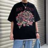 港风夏装复古玫瑰花印花情侣短袖T恤衫大码宽松H743P30女类，男装T恤，电商A341