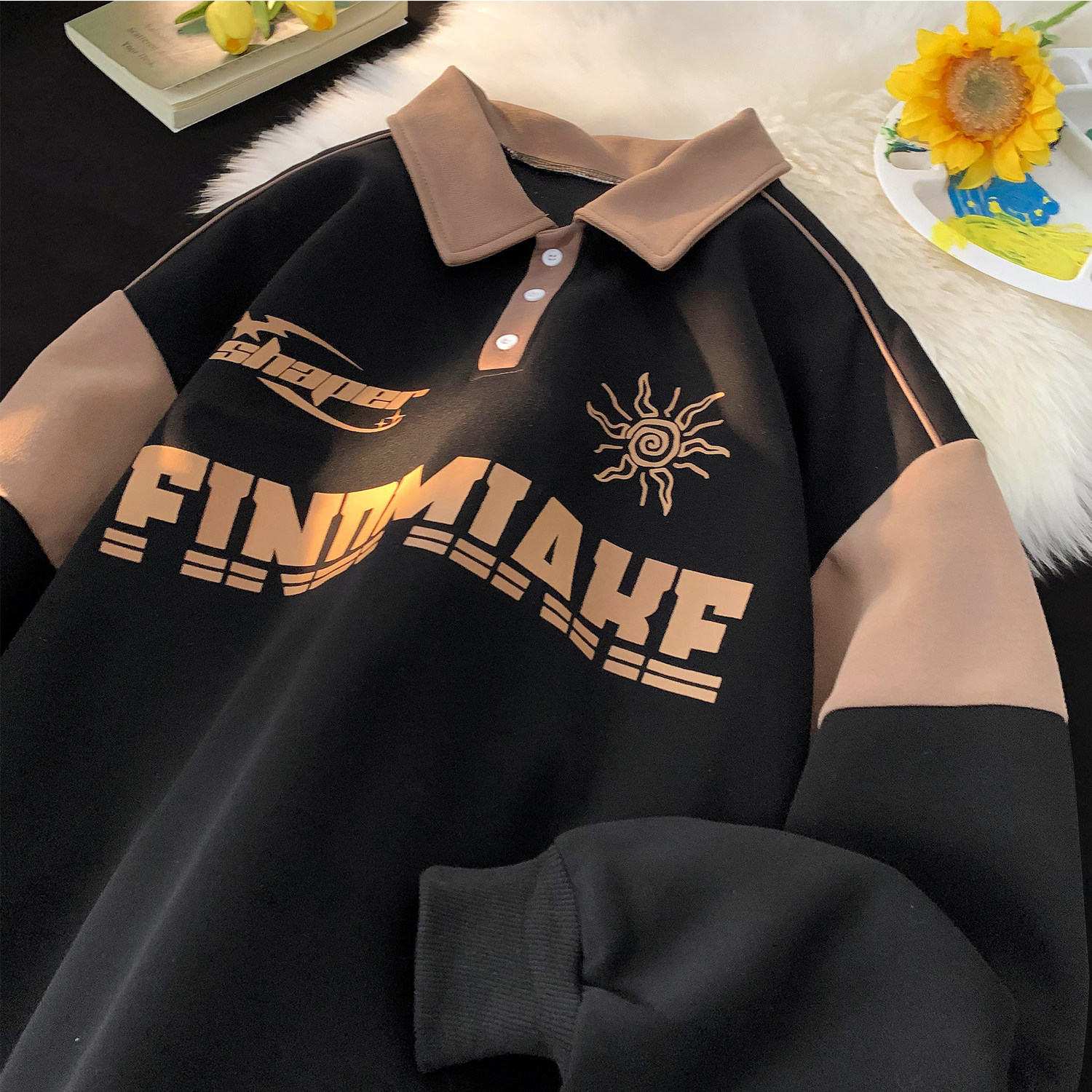 港风摆拍秋装polo领运动风印花卫衣撞色上衣外套男女H807P68,男装卫衣,电商A341