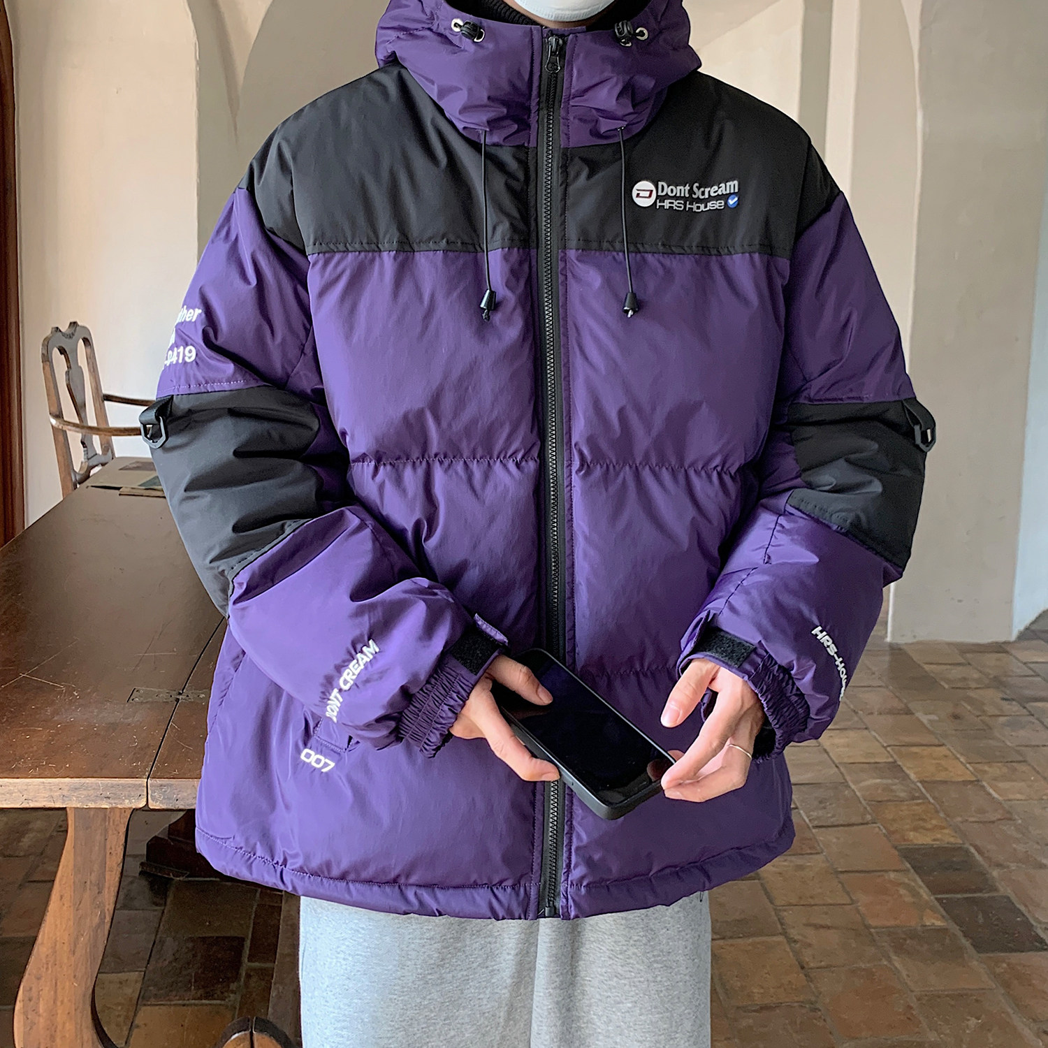 主推美式撞色工装冲锋衣情侣棉服面包服连帽外套男H911P138,男装棉衣,电商A341