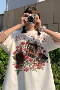 港风夏装 复古玫瑰花印花情侣短袖T恤衫大码宽松 H743 P30女类图片