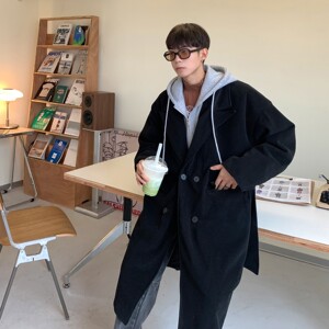 港风冬装加厚夹棉假两件连帽过膝风衣呢大衣外套H699P158女类