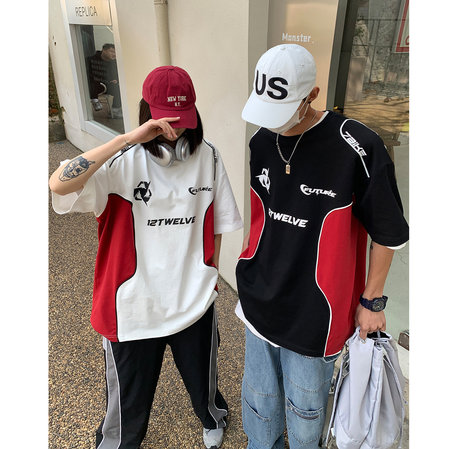 情侣装重磅美式高街宽松机车服撞色情侣短袖T恤印花半袖H854,女装T恤,电商A341