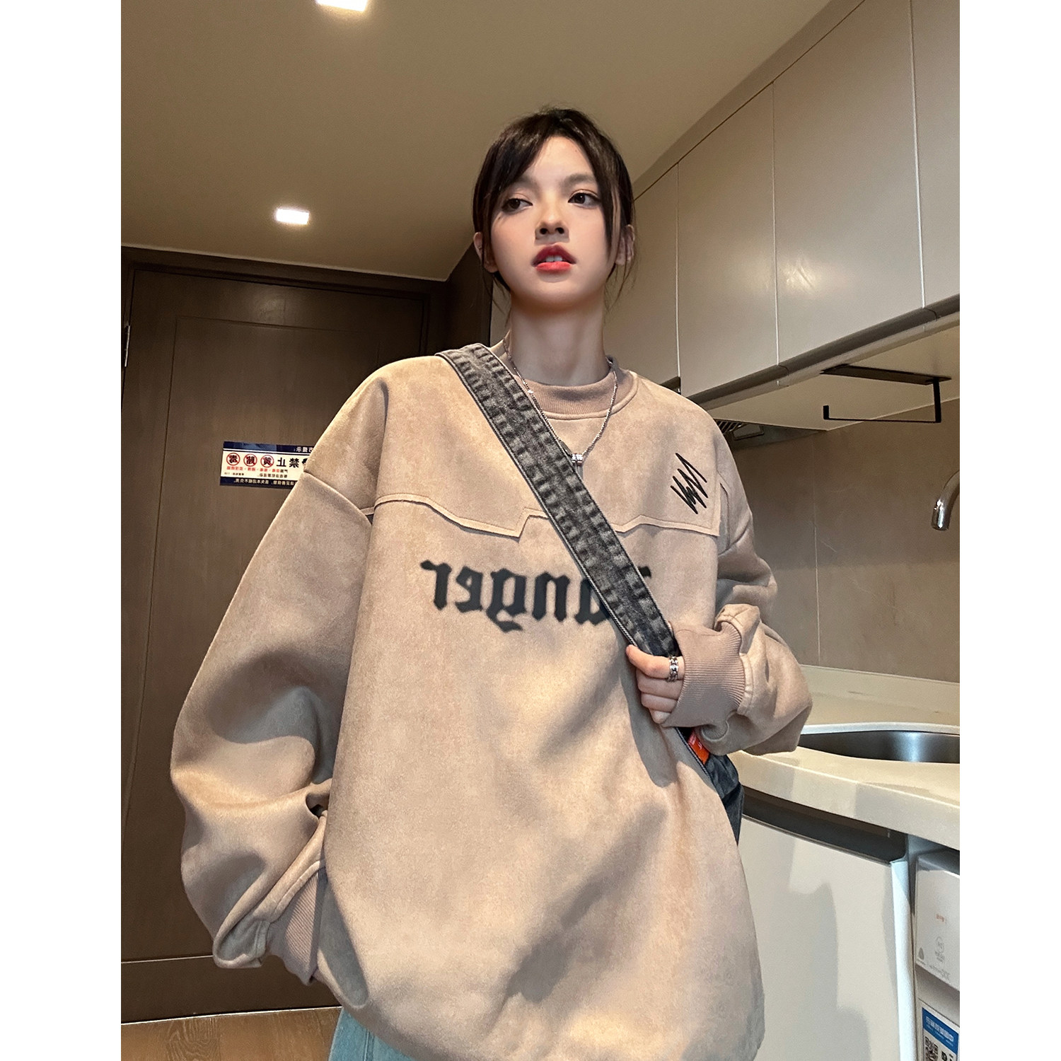中性风美式秋装鹿皮绒加厚加绒情侣卫衣结构上衣外套男女H899P68,男装卫衣,电商A341