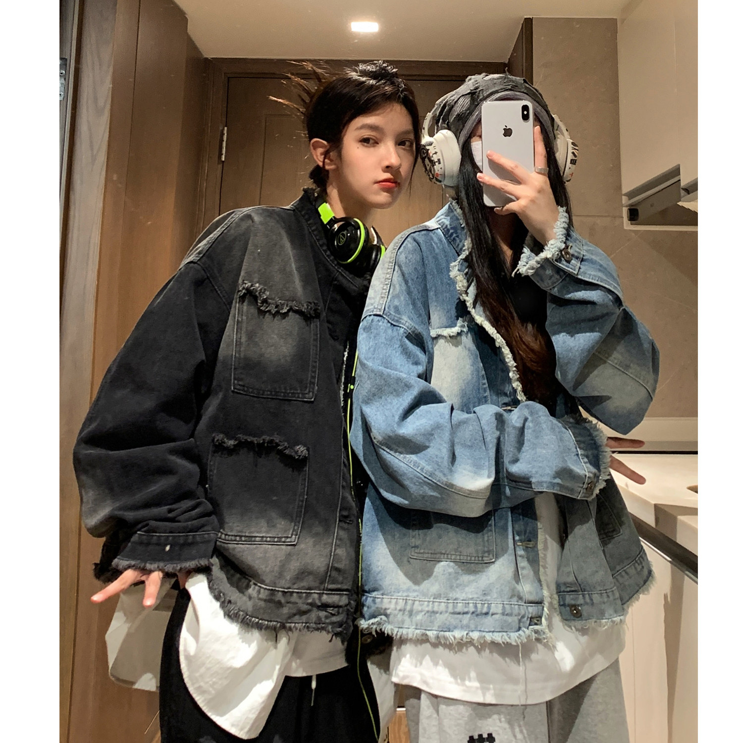 中性风秋装毛边设计垫肩牛仔情侣夹克上衣渐变外套男女H859P88,女装短外套,电商A341