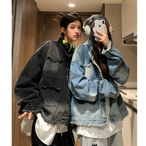 中性风秋装 毛边设计垫肩牛仔情侣夹克上衣渐变外套男 H859 P88图片