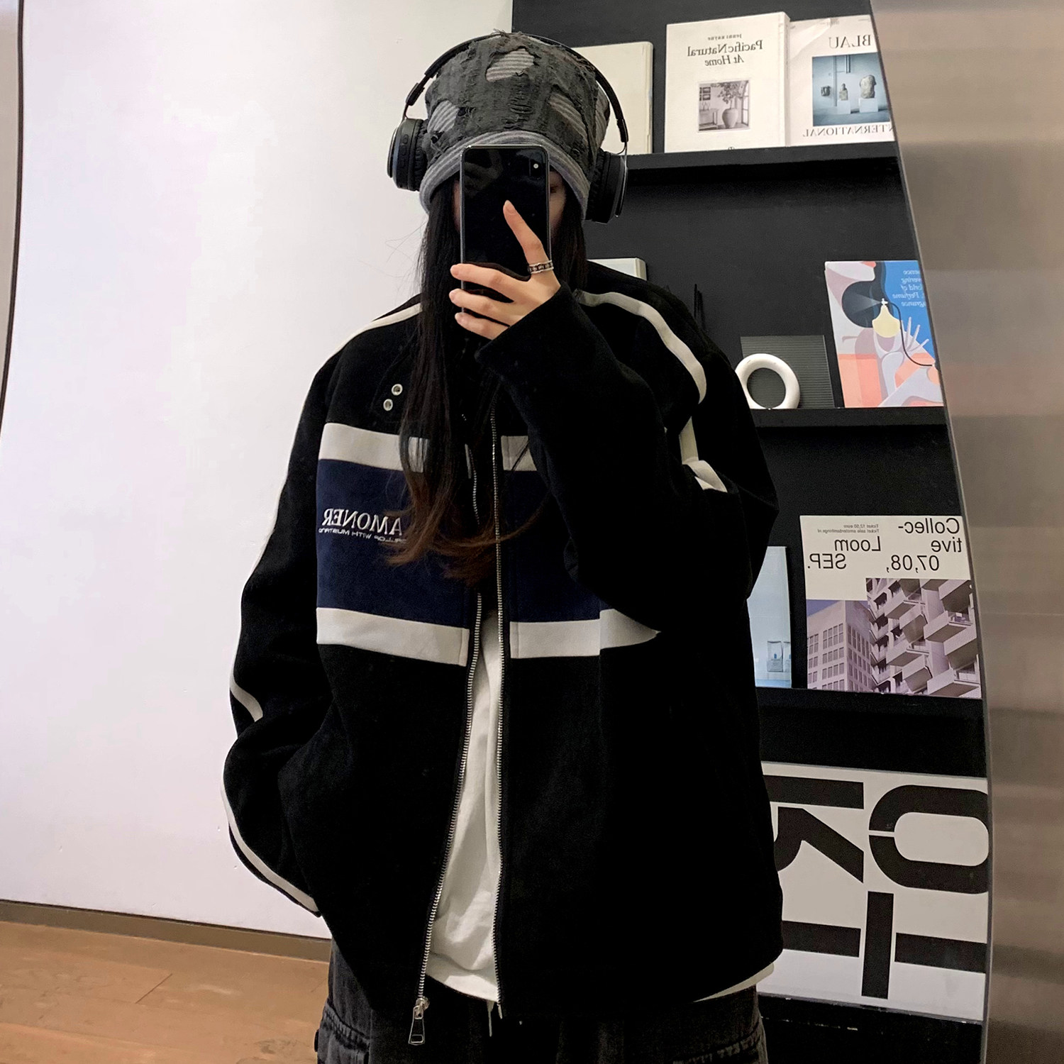 中性风秋装 美式复古机车服拼接鹿皮绒夹克外套上衣男女H889 P108图片