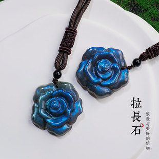 天然水晶原石拉长石玫瑰花雕刻件月光石吊坠项链水晶挂坠