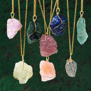 天然水晶原石网兜金色链子吊坠手工编织缠丝则项链吊坠毛衣链礼物