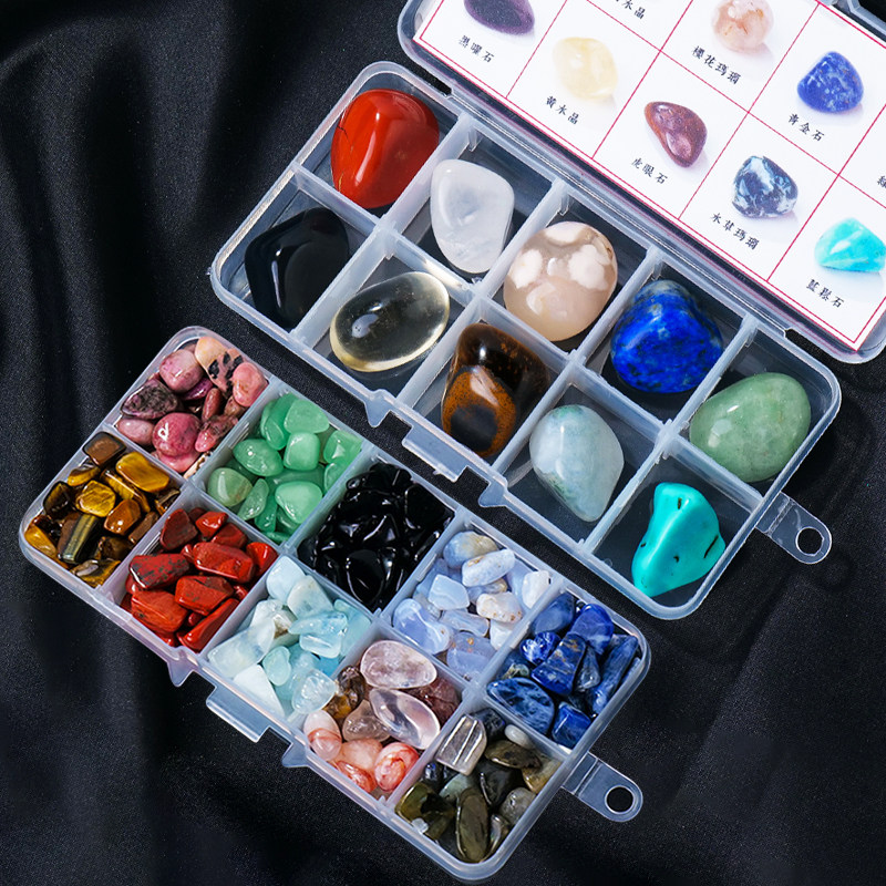 天然水晶碎石滚石矿石标本套盒彩色岩石玛瑙宝石收藏儿童礼物