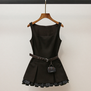 [现货]深圳南油高端女装25秋冬新复古翻领格纹拼接无袖背心连衣裙