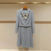 深圳南油高端女装 连衣裙女 千金风蓝色蝴蝶结领带长袖 2026春季 新款