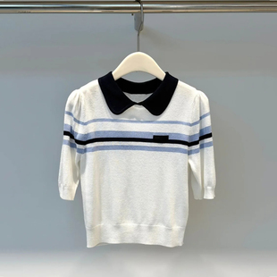 深圳南油高端女装2026春季新款休闲风套头撞色条纹短袖毛针织衫女