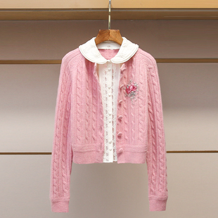 深圳南油高端女装2025冬季新款丝带珠饰娃娃领针织开衫长袖小外套