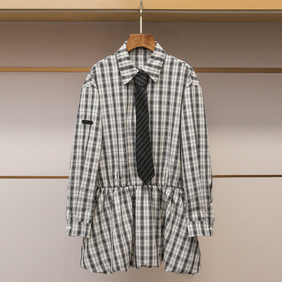 黑白格纹学院撞色收腰翻领衬衫裙