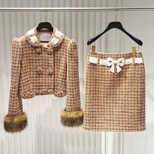 复古摩登千鸟格短毛呢外套半裙套装 新款 2025冬季 深圳南油高端女装