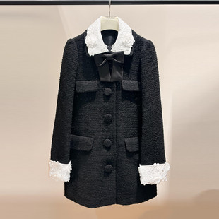 深圳南油高端女装2026春季新款法式小香风翻领黑色粗花呢连衣裙女