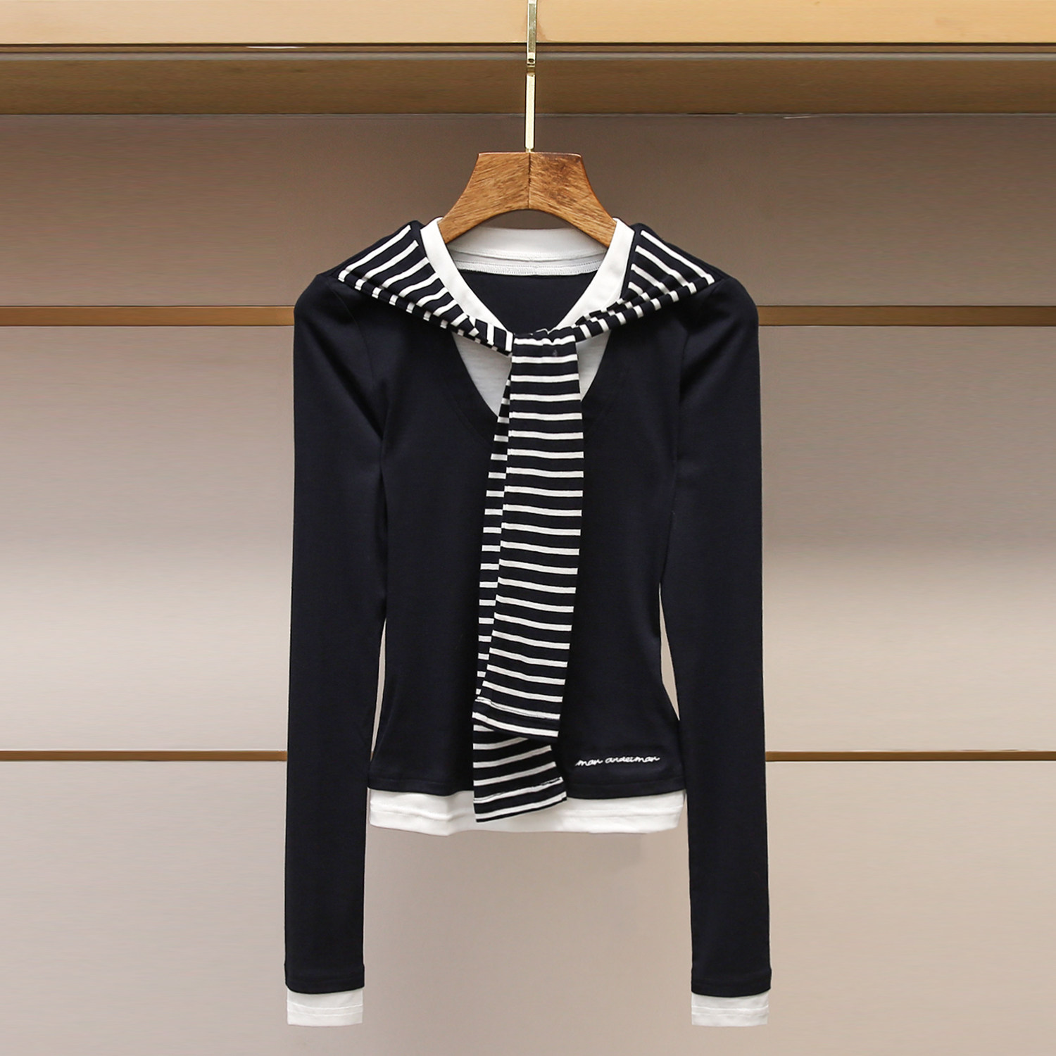 深圳南油高端女装2025冬季新款撞色假两件绑带修身长袖针织衫上衣