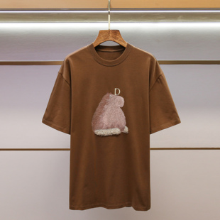 深圳南油高端女装2025秋新款黄褐色纯棉刺绣短袖T恤宽松休闲上衣