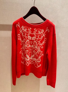 深圳南油高端女装2026春季新款多巴胺风红色圆领套长袖印花针织衫