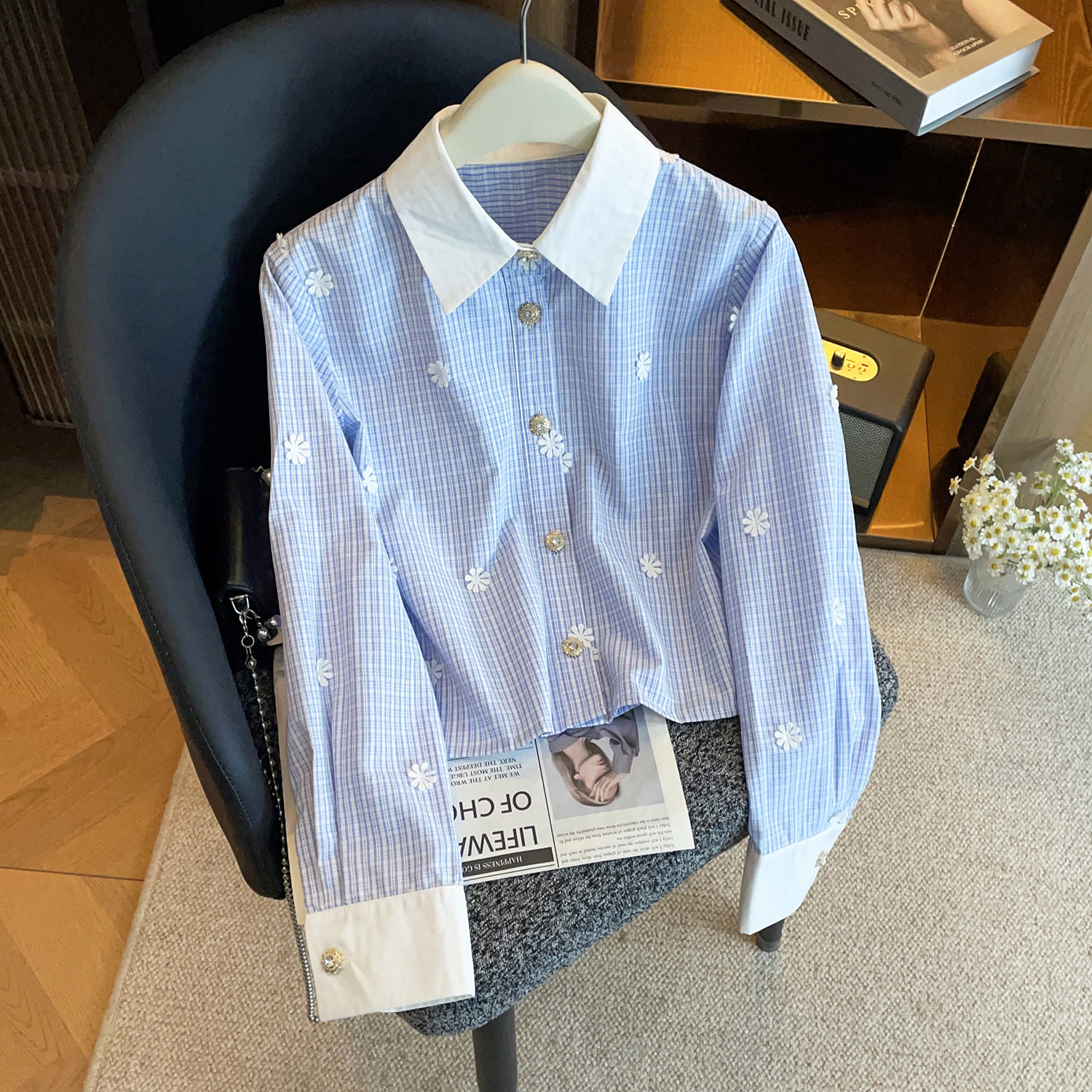 深圳南油高端女装2026春季新款学院风撞色条纹长袖减龄洋气衬衫女