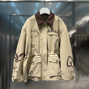 深圳南油高端女装2025秋季新款复古巴恩风涂鸦样式双口袋宽松外套