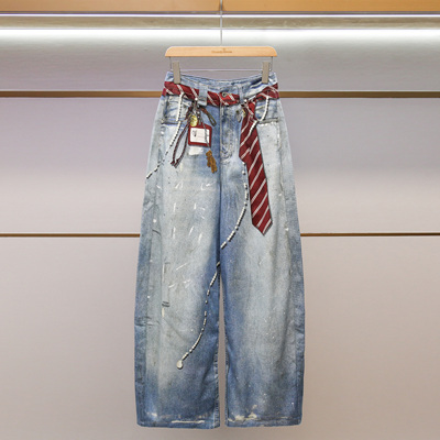 设计领带印花复古水洗阔腿牛仔裤