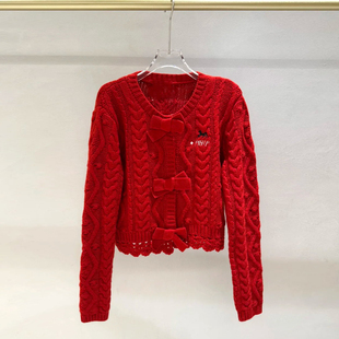 深圳南油高端女装2025冬季新款蝴蝶结绞花毛衣开衫女新年红针织衫