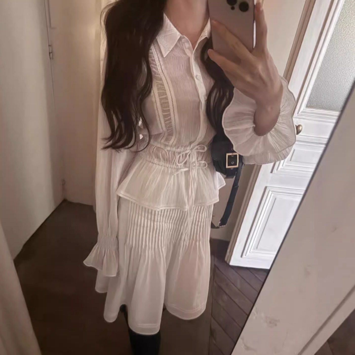 韩系女装韩国东大门小众设计花边系带气质长袖白衬衫+半裙套装