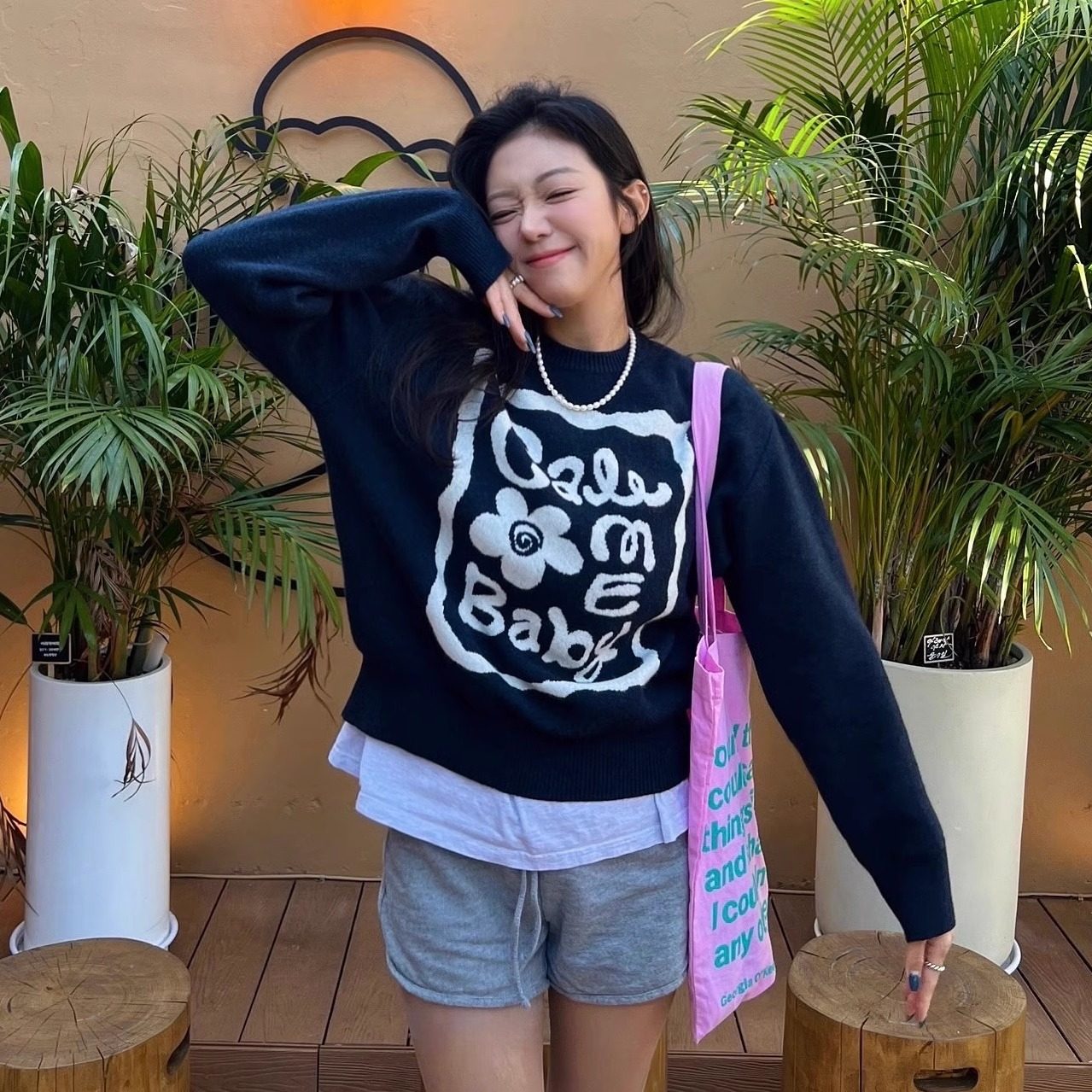 韩版宽松字母提花针织毛衣女