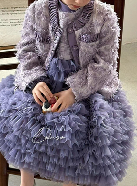 女童专柜正品DS高级紫色套装轻奢外套蛋糕背心裙纯棉长袖T恤3件套