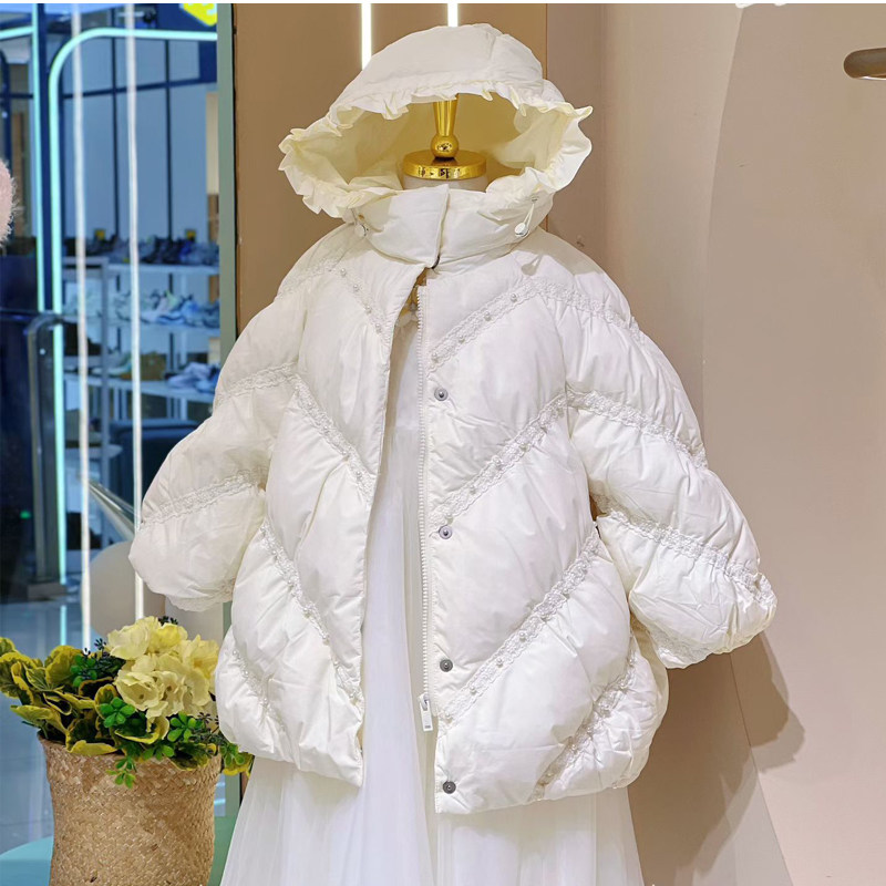 冬季儿童白色连帽羽绒服女童高级感洋气珍珠鸭绒衣小香中大童外套