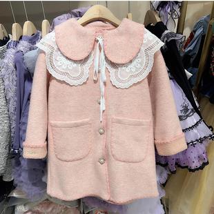 高端娃娃领女童双面呢子大衣冬季儿童洋气风衣粉色中长款毛呢外套