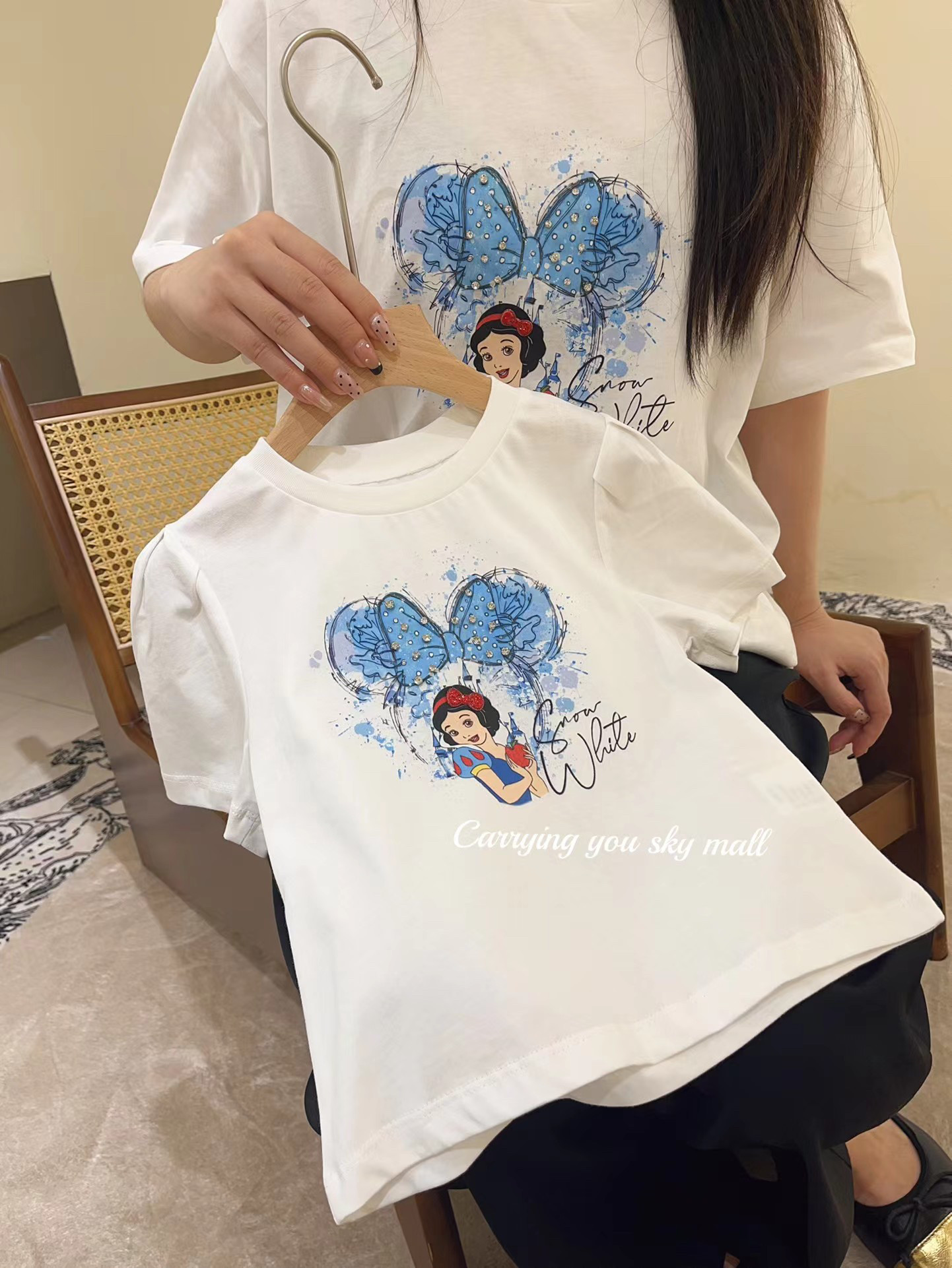 天空之城正品女童白雪公主纯棉短袖T恤新款泡泡袖亮钻儿童短袖