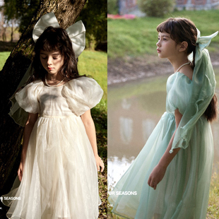 夏季纯白超仙女童欧根纱钉珠大裙摆连衣裙婚礼花童宝宝洋气公主裙