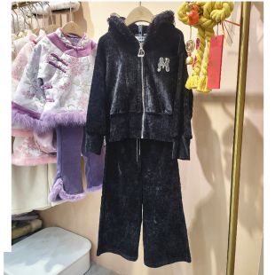 女童休闲连帽丝绒套装秋冬儿童黑色拉链外套裤子中大童加厚两件套