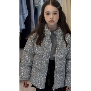 Danso轻奢女童亮片羽绒服儿童冬季加厚保暖立领外套中大童鸭绒衣