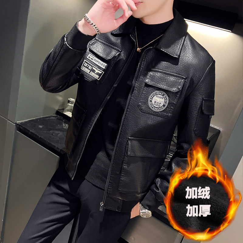 跨境外贸男士外套春秋皮衣夹克男装PU皮机车服皮衣 PY616加绒P115图片